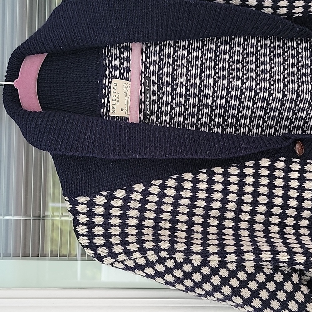 Selected Homme Shawl Neck Cardigan Lambs Wool Blue & White Dotted Sz S - Picture 3 of 11